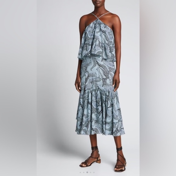 1110 Cinq a Sept Collete Tiered Midi Dress Size 10 Color Black Blue - Picture 1 of 7